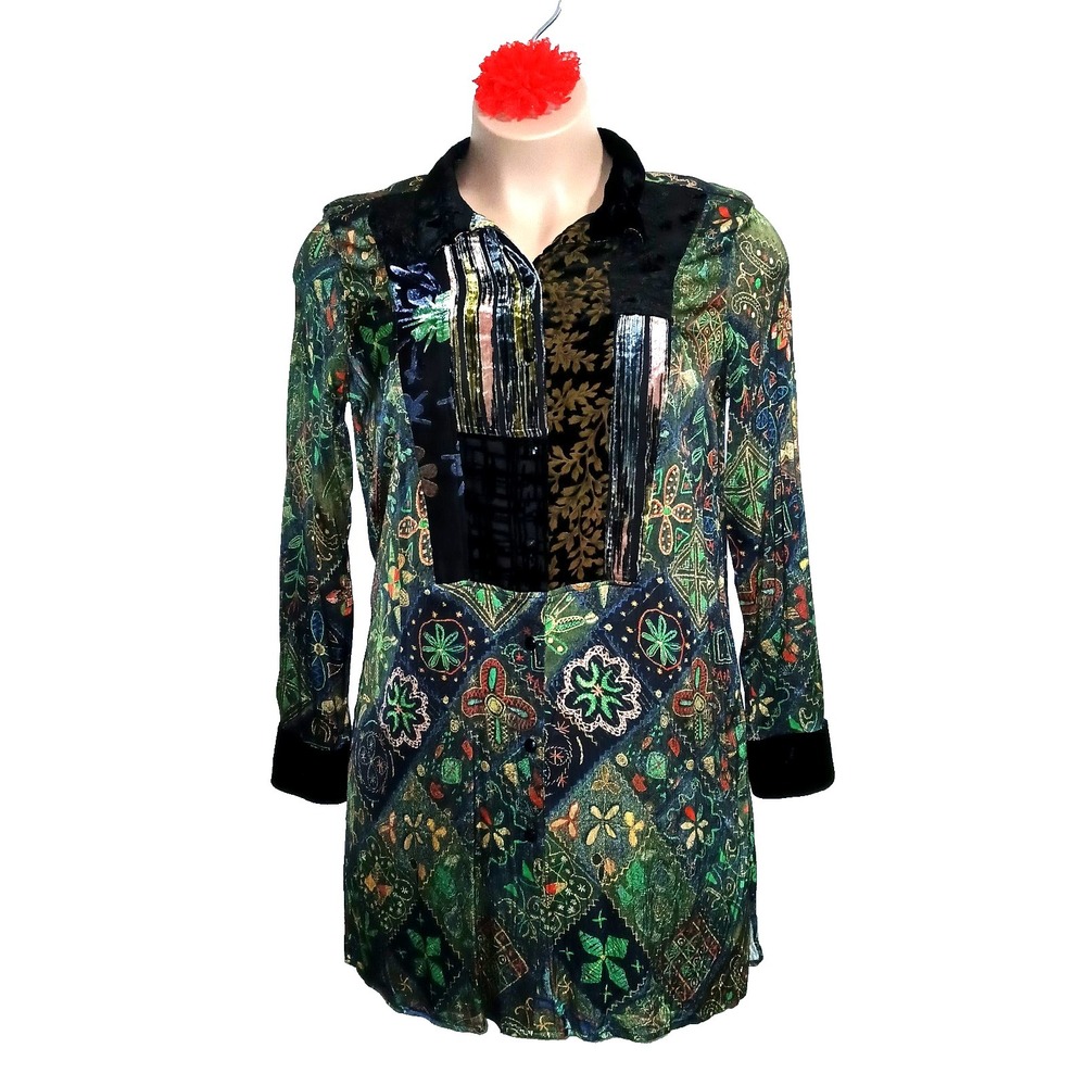John Mark Women Velvet Trim Shirt Top M Green Multi Floral Art To Wear Tunic